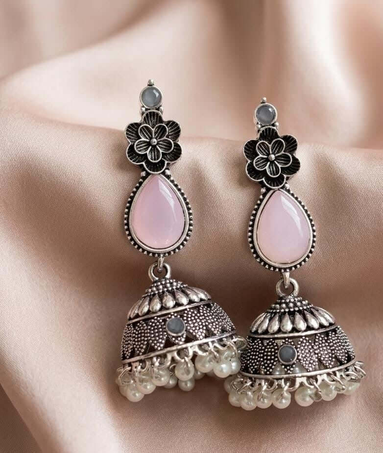 Oxidized Jhumka on model ethnic styling