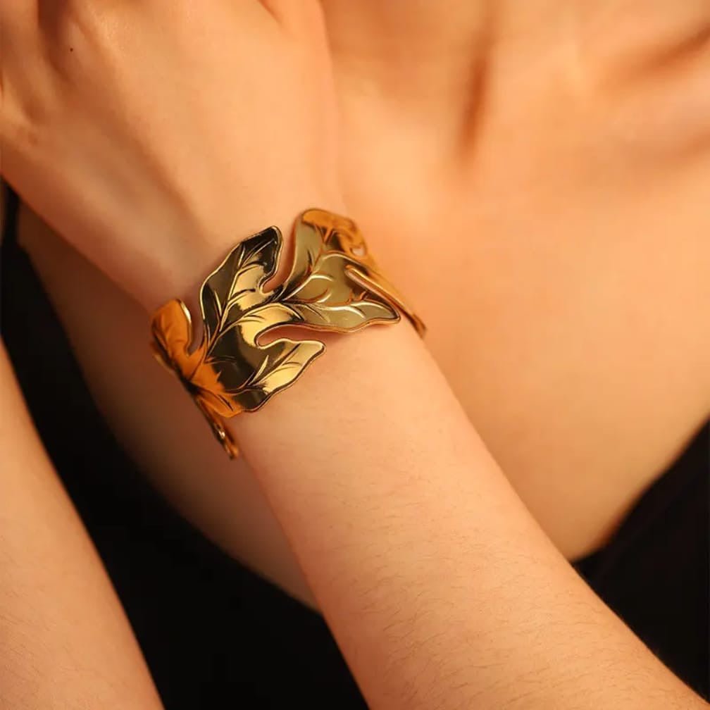 Gold-plated leaf cuff bracelet. - Milaaf Jewellers