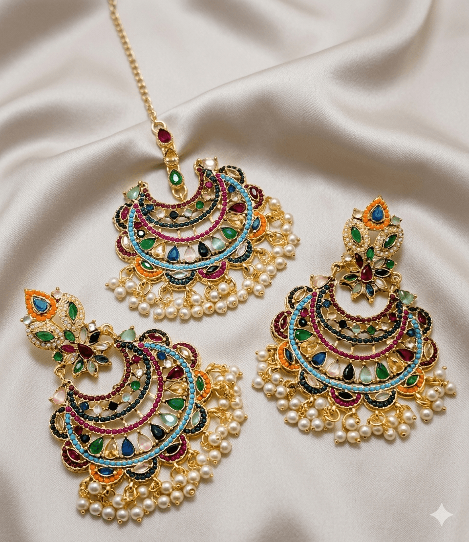 Multicolour earring & tikka set - Milaaf Jewellers
