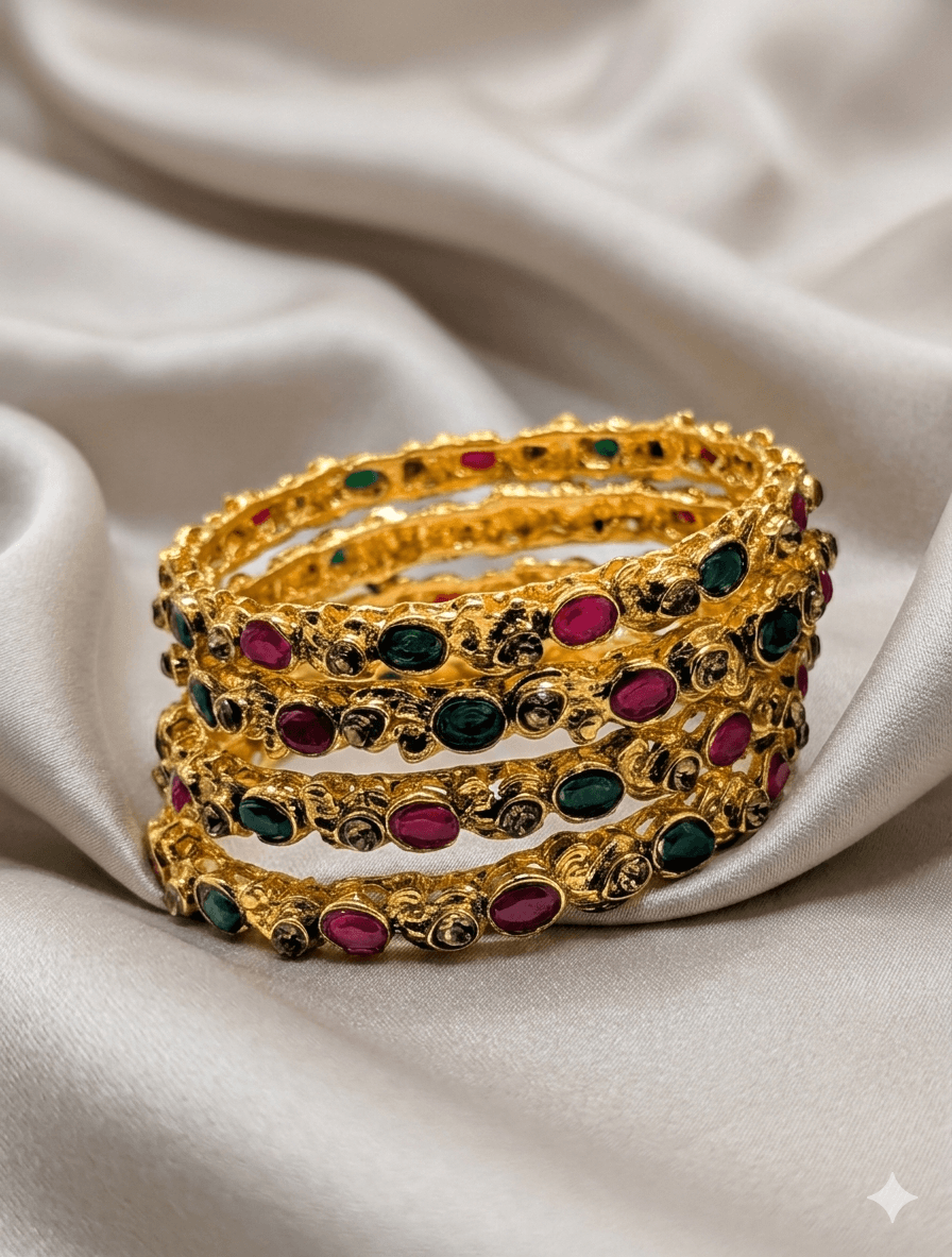 Multi-Stone Premium Bangles 4 Pcs on wrist stacked