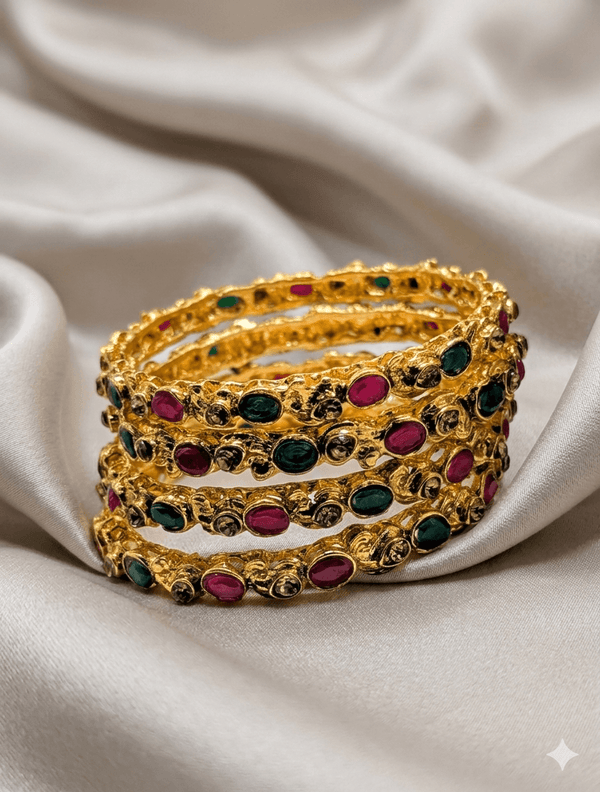 Multi-Stone Premium Bangles 4 Pcs on wrist stacked