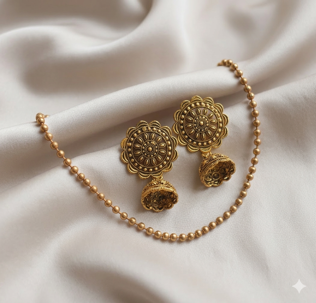 Indian Steel Jhumka & thin Necklace Set