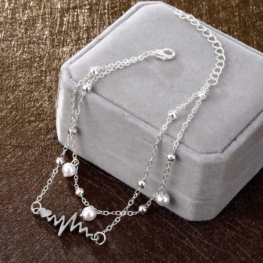 Pearl heart beads silver double chain bracelet