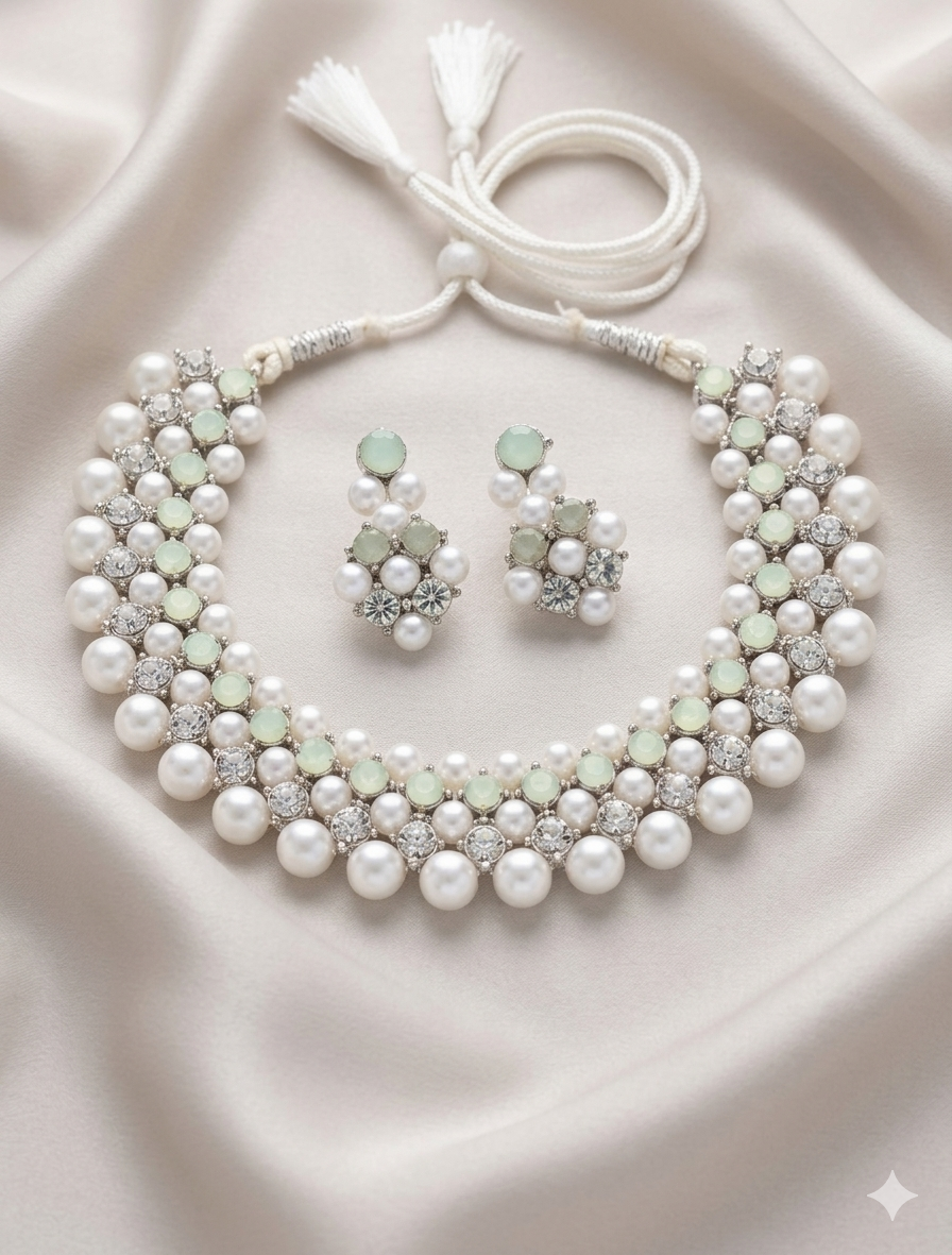 Multi-Row Pearl & Crystal Choker Necklace