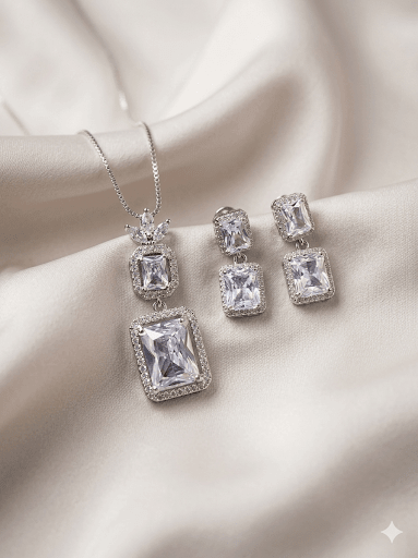 Gold & Silver Zircon Locket Set - Milaaf Jewellers