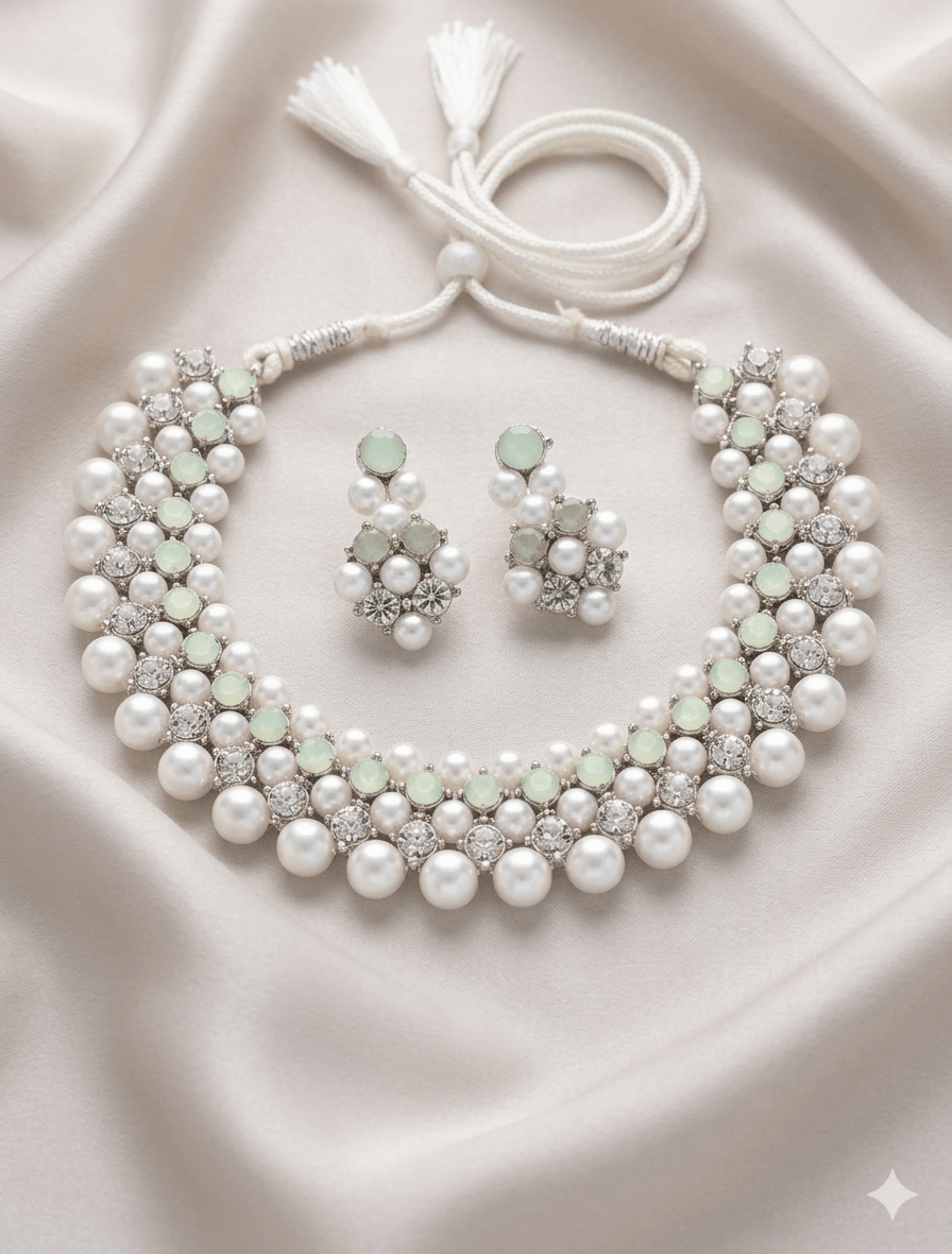 Multi-Row Pearl & Crystal Choker Necklace - Milaaf Jewellers