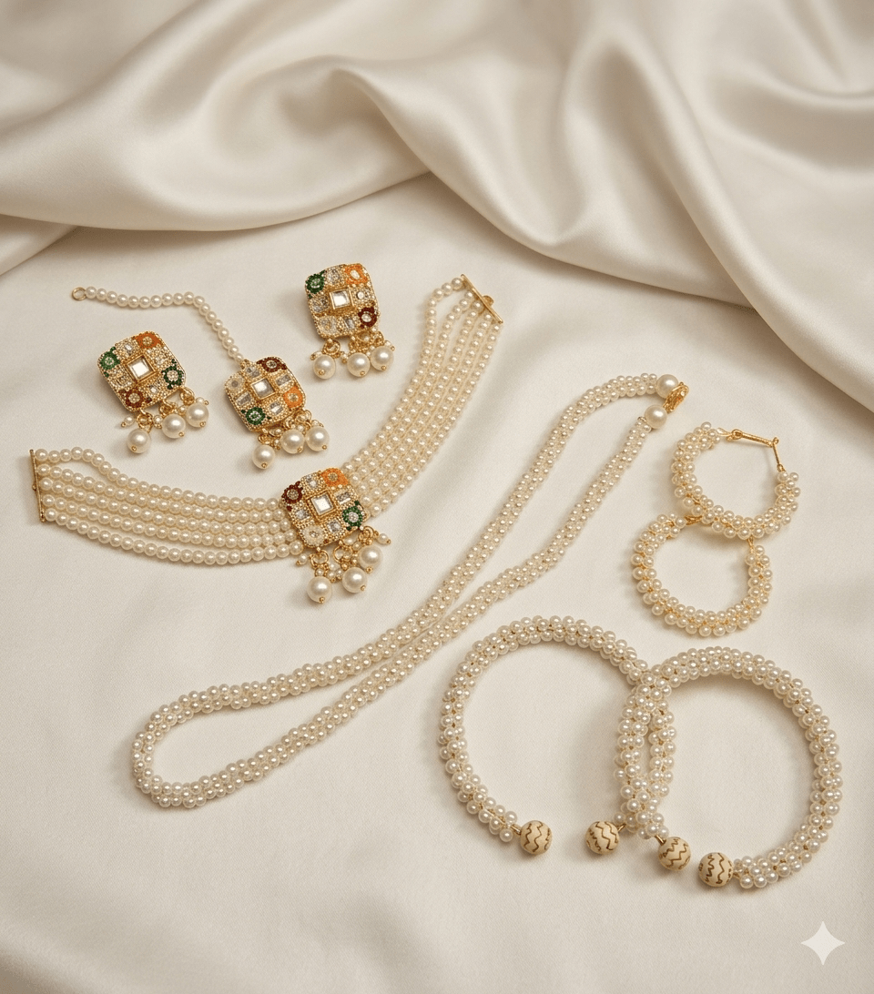 Nauratan Choker Set with Twin Pearl Mala & Bangles - Milaaf Jewellers