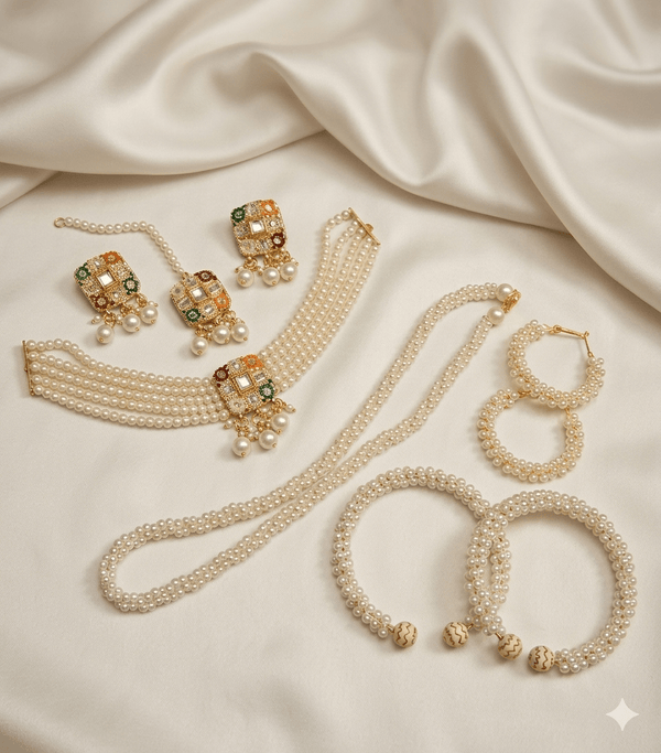 Nauratan Choker Set with Twin Pearl Mala & Bangles - Milaaf Jewellers