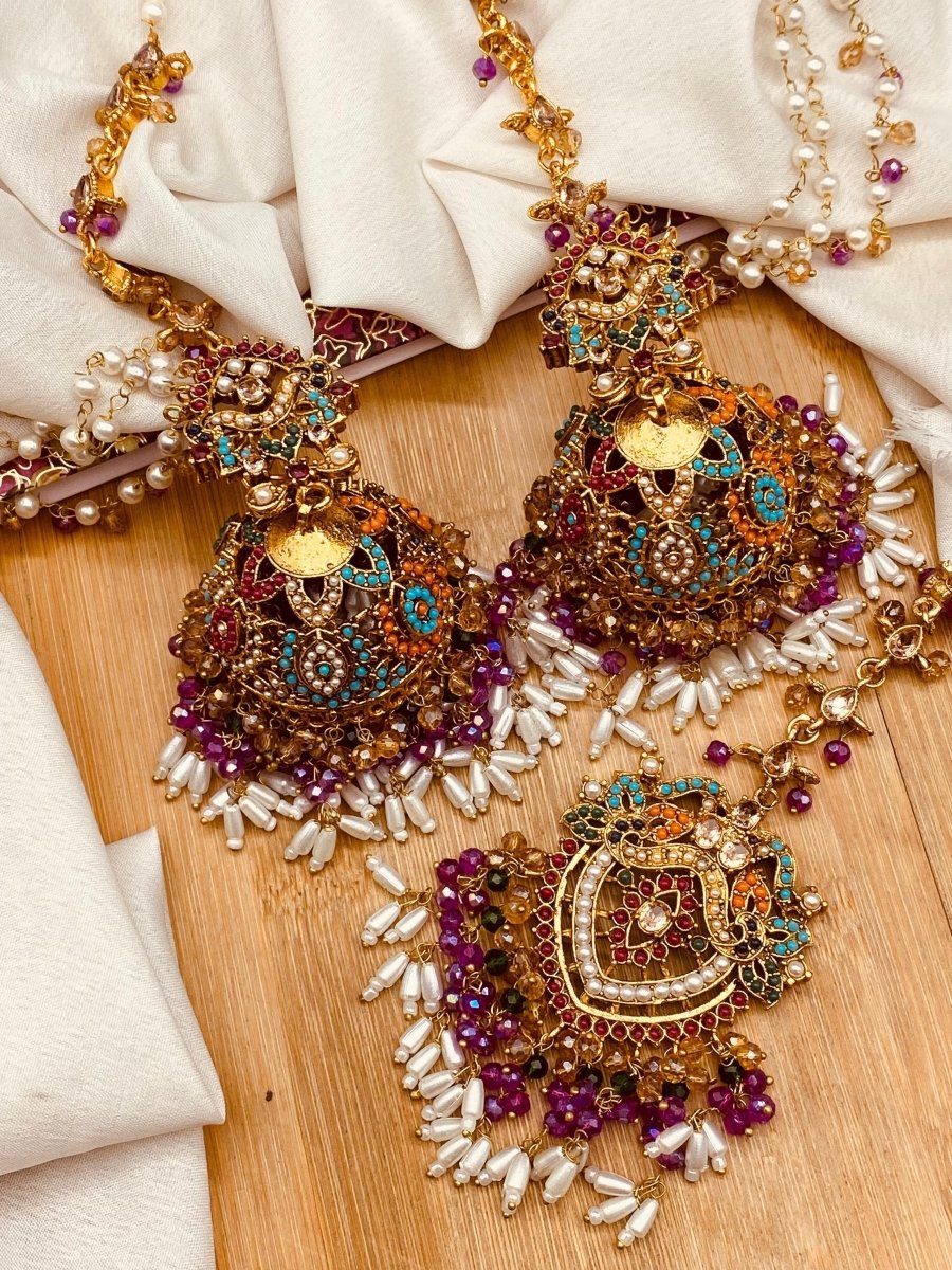 Nauratan zircon jhumkay & teeka - Milaaf Jewellers