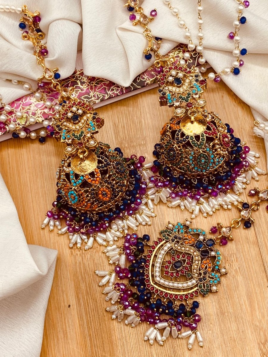 Nauratan zircon jhumkay & teeka - Milaaf Jewellers