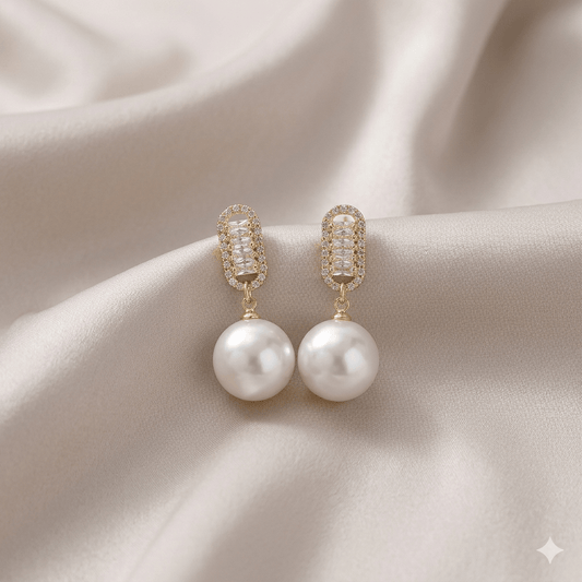 Square White Zircon Big Pearl Earring - Milaaf Jewellers