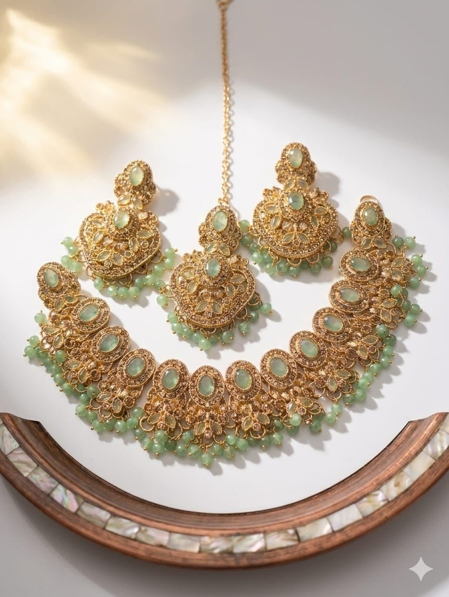 Zircon Jewelry Set: Crystal Beads Necklace & Earrings - Milaaf Jewellers