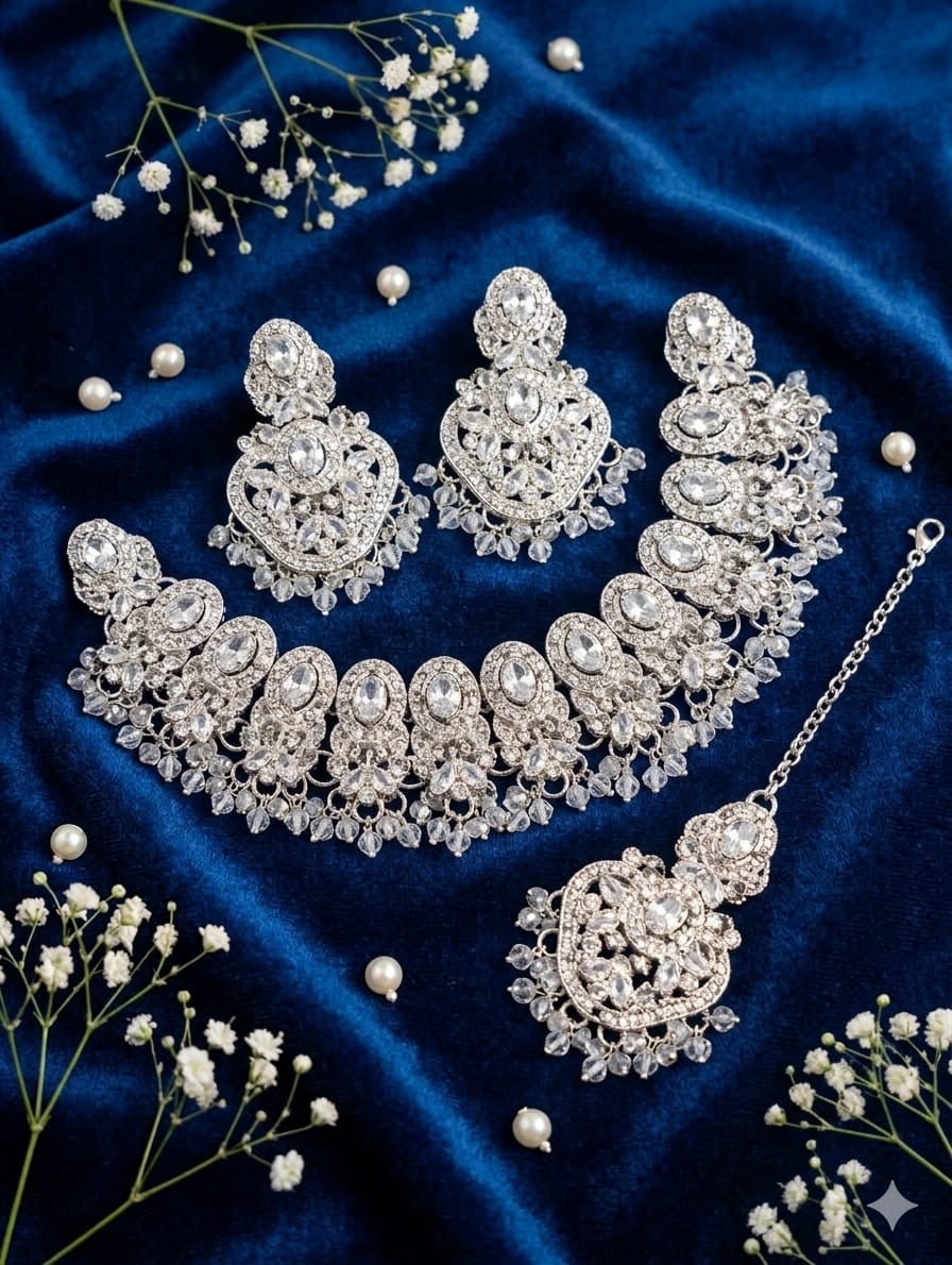 Zircon Jewelry Set: Crystal Beads Necklace & Earrings - Milaaf Jewellers