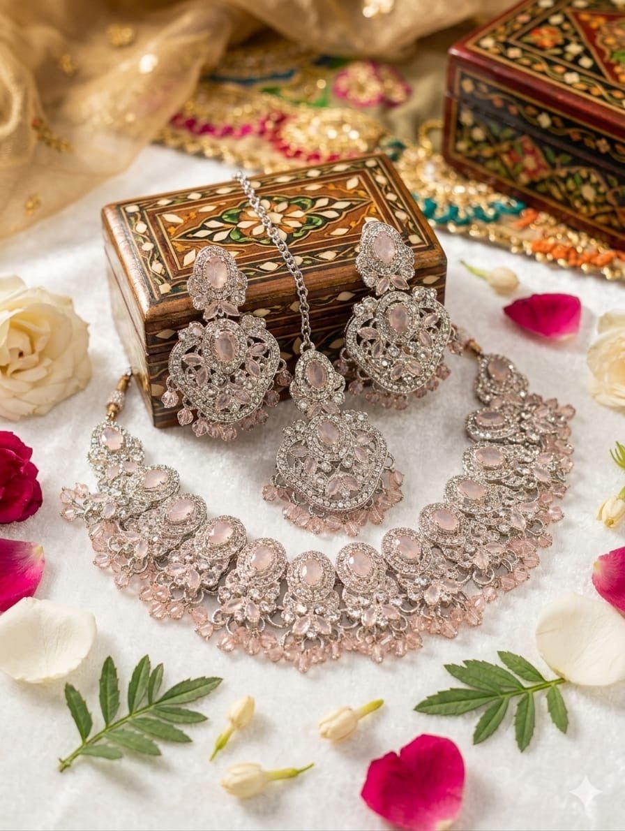 Zircon Jewelry Set: Crystal Beads Necklace & Earrings - Milaaf Jewellers